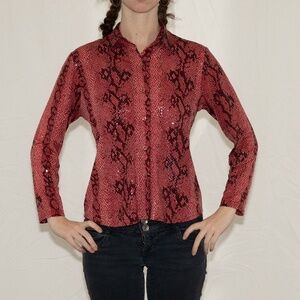 Y2k snakeskin print button up blouse sequin red size medium